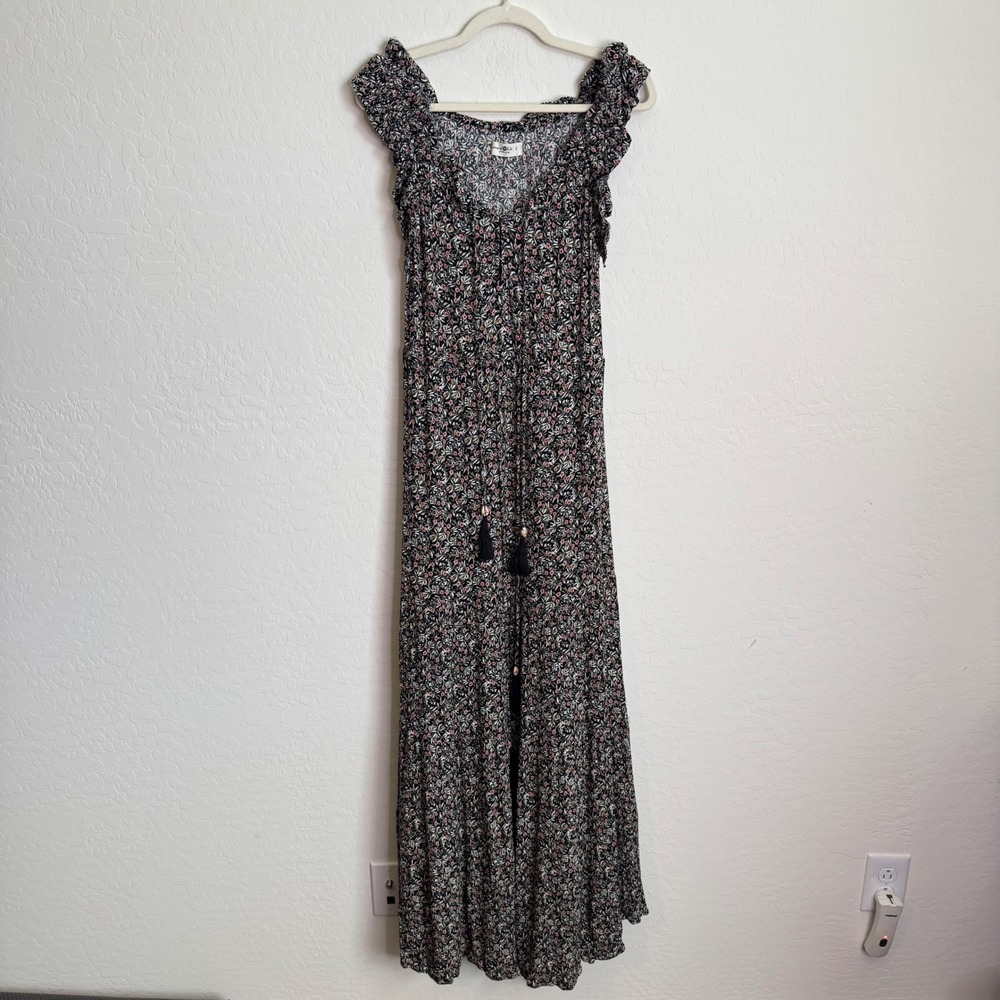 Natural Life Floral Maxi Dress Black Pink Boho Ruffle Tassel‎ Cottagecore Small